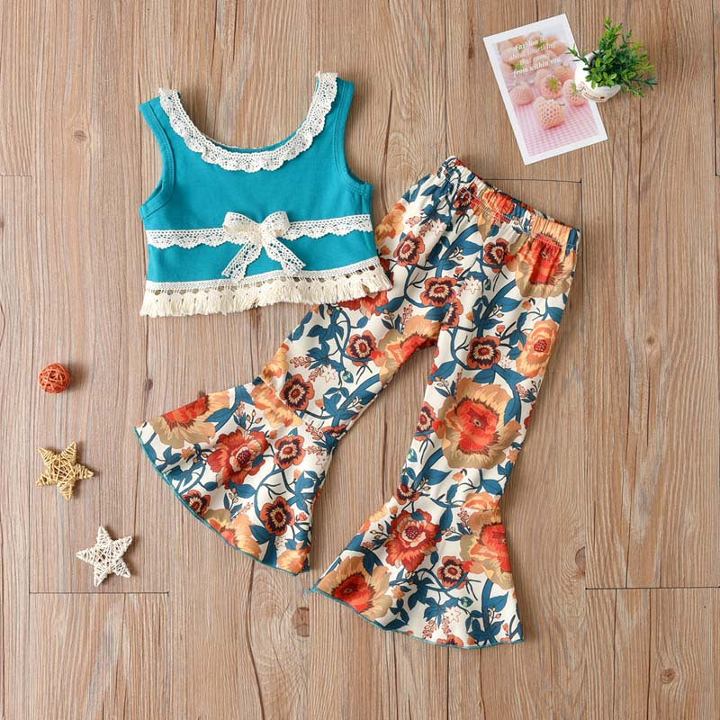 Wholesale Cotton Children's Solid Color Sleeveless Top Leopard Print Bell Bottoms Flower Print Two Piece Set